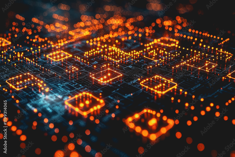 Poster glowing circuit board with bright lights electronic components technology background futuristic desi