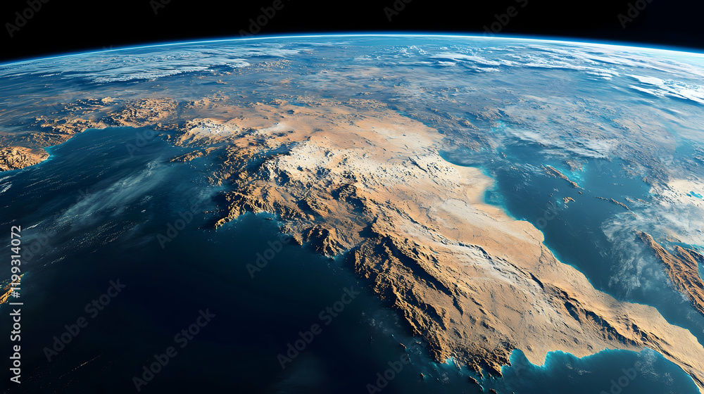 Poster high-resolution view of earth surface from space, showcasing sharp details of continents, oceans and