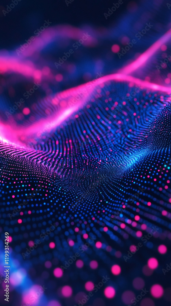 Poster digital particles wave flowing in cyberspace with pink and blue lights creating an abstract backgrou
