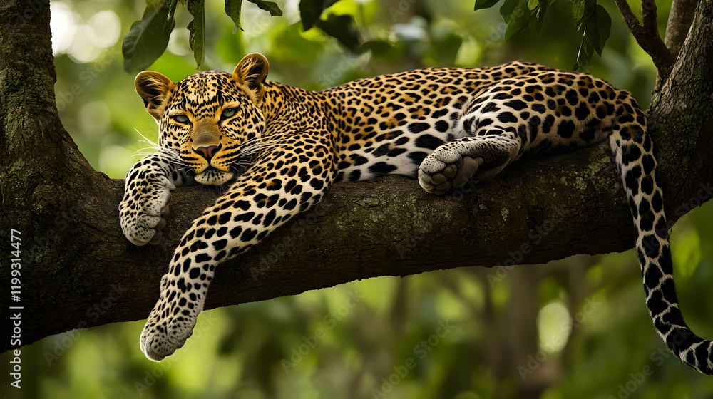 Poster majestic leopard resting on a tree branch in a dense jungle under soft natural light with sharp focu