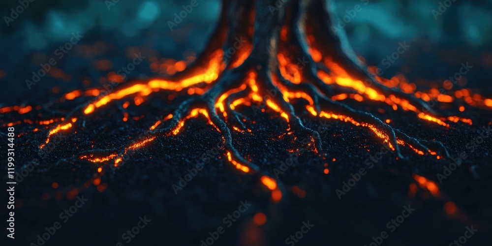 Poster recycling carbon climate transformation concept. glowing lava flows from the roots of a tree, creati