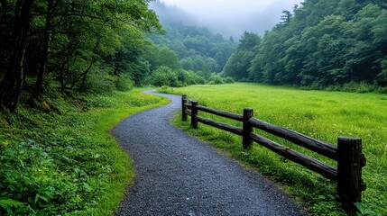 Fototapeta premium [Rustic forest path in woodland scene] Serene Woodland Pathway Under Rustic Canopy Of Foliage and Mature Trees.