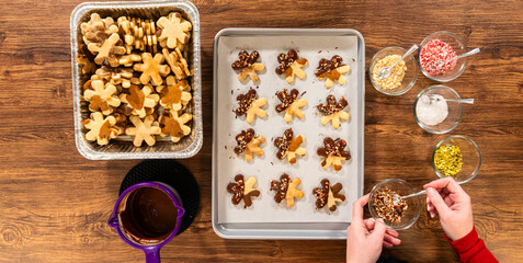 Snowflake-Shaped Sugar Cookies, Chocolate-Dipped, Pecan Crushed Nuts, Holiday Baking