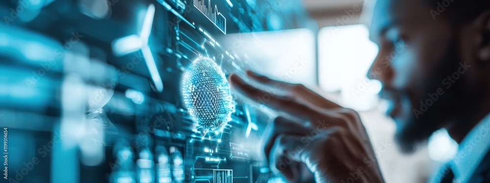 Poster businessman interacting with virtual interface, touchscreen technology, data visualization concept i