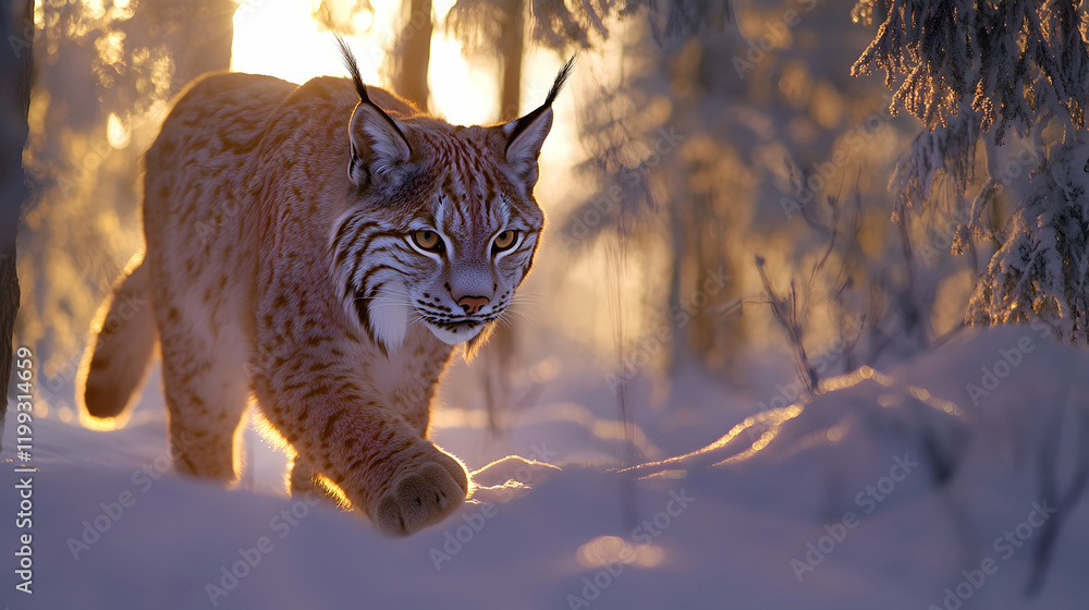 Poster majestic lynx walking through a snow-covered forest with sharp focus on its fur patterns and glowing