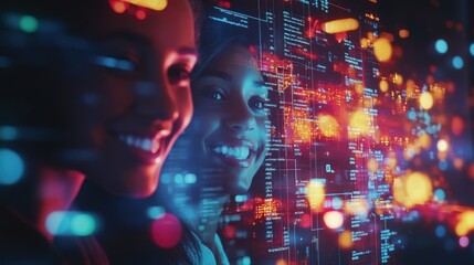 Pixelated images of smiling team members fill the screen of a tablet beside a visually complex outline of a manufacturing timeline highlighting project milestones and collaborative