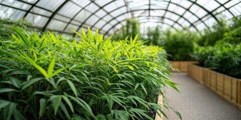 recycling carbon climate transformation concept. Lush green plants grow indoors in a spacious greenhouse with a glass roof and wooden pathways.