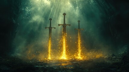 Three glowing swords in a dark forest.