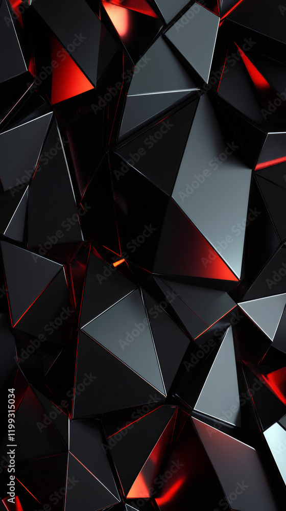 Poster Red light illuminating black abstract geometric triangular background, creating a dramatic and futuristic look