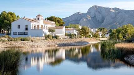 Fototapeta premium Scenic view of a river reflecting a white house and mountains.