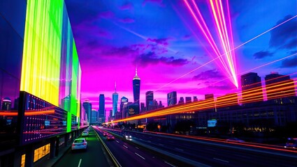 Fototapeta premium A vibrant and futuristic cityscape at dusk, illuminated by a mesmerizing array of neon colored lights evoking a sense of dynamism, energy, and technological advancement.