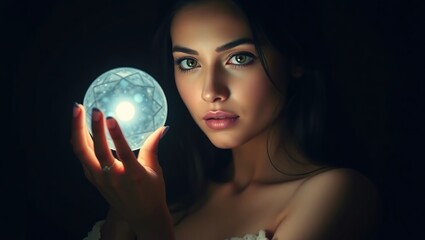 Naklejka premium Young woman, touches a luminescent, crystal-like ball, evoking an otherworldly atmosphere.
