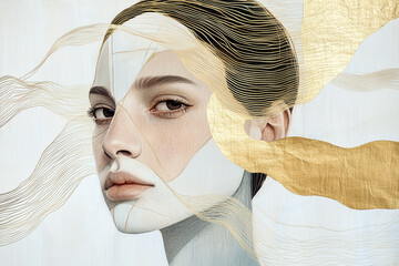Artistic portrait of a woman with flowing golden and white elements in abstract composition