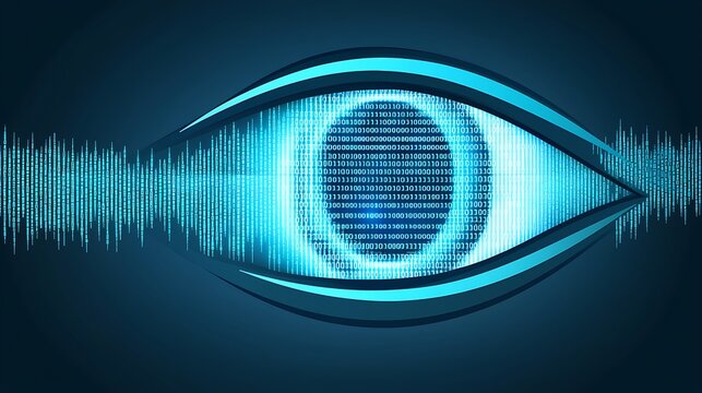 Abstract representation of an eye glowing with neon blue light, reflecting binary code streams moving at high speed