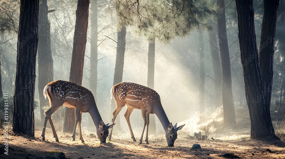 Poster pair of deer grazing in a misty forest clearing with soft natural light filtering through trees, sha