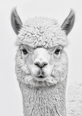 Obraz premium Close-up portrait of a fluffy white alpaca with detailed texture against a clean white background