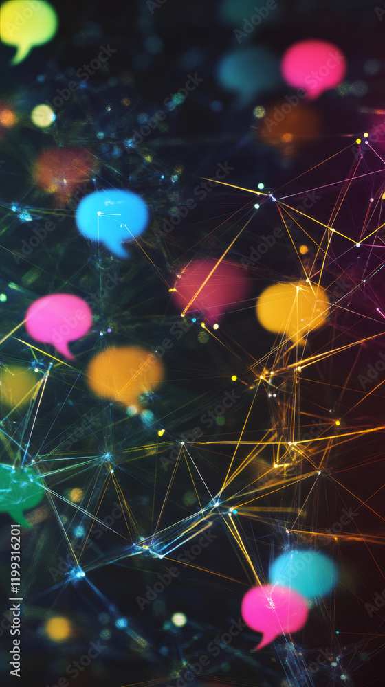 Poster interconnected speech bubbles symbolize global communication and social media interaction in the dig