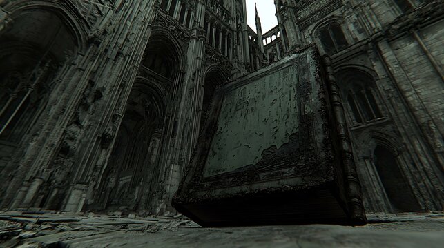 a high-resolution photo of A gothic cathedral with a glowing book resting on a desecrated altar isolated on white background, photorealistic, ultra-sharp focus, clear details, studio lighting,