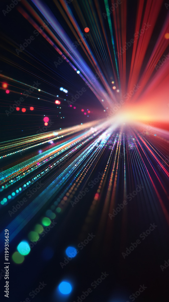 Poster glowing fiber optic cables transmitting high-speed digital data with vibrant illumination