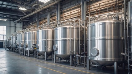 row of large, shiny stainless steel tanks in an industrial setting, symbolizing modern manufacturing and processing in a factory environment with clean lines and efficient design