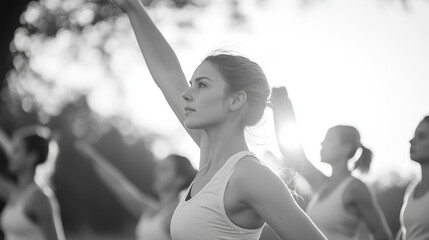 Outdoor Fitness Bootcamp Participants Stretching in Morning Sun