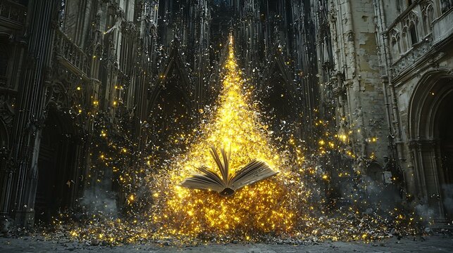 a high-resolution photo of A gothic church desecrated by a glowing book on the altar surrounded by shadows isolated on white background, photorealistic, ultra-sharp focus, clear details, studio