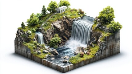 A serene miniature landscape featuring cascading waterfalls, lush greenery, and a quaint cabin