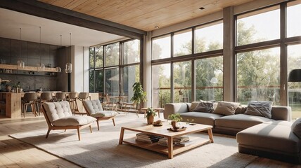 Fototapeta premium spacious, modern living room with a minimalist design, featuring a comfortable sofa, light wood accents, and large windows allowing natural light to fill the space