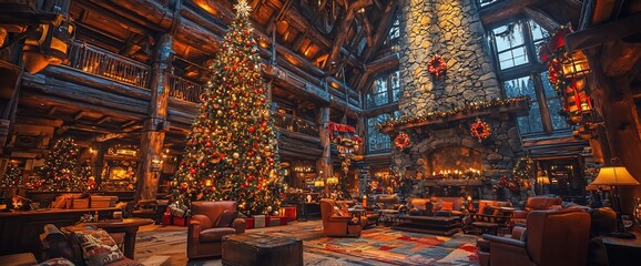 Festive Christmas lobby with large decorated tree and fireplace.
