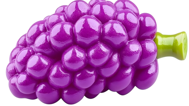 A single purple grape with a smooth surface and a small green stem displayed in the center of a transparent background 