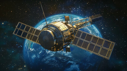 Fototapeta premium Satellite orbiting Earth, featuring detailed solar panels, antennas and Earth curvature visible against a clear starry outer space background