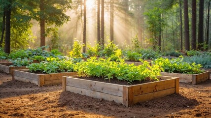 garden with raised wooden garden beds filled with vibrant vegetables and plants, bathed in warm sunlight filtering through the trees, creating a peaceful outdoor environment