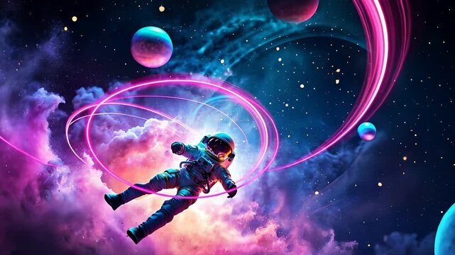 Astronaut Floating in Colorful Space with Neon Rings, Planets, and Cosmic Clouds in a Vibrant Sci-Fi Scene

