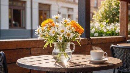 Fototapeta premium outdoor cafe setting with a bouquet of fresh daisies in a pitcher and a steaming cup of coffee, offering a cozy and inviting atmosphere in a peaceful outdoor space