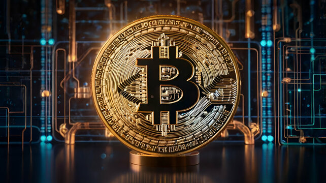 Bitcoin icon with a futuristic holographic interface and glowing currency symbols in the background

