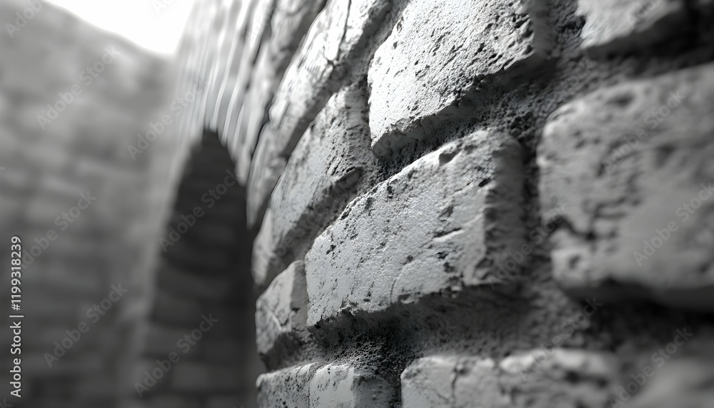 Poster close-up grayscale image of a textured brick wall, showcasing the intricate details of each brick an