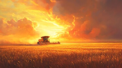 Fototapeta premium Golden Harvest Sunset Combine Harvester In Wheat Field