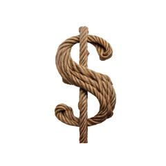 The dollar sign crafted entirely from thick, textured brown rope. Twisted strands shape it with rustic charm, ending in knots at the base for a natural, handcrafted look.