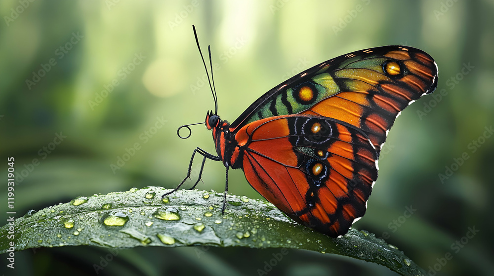 Aufkleber vibrant tropical butterfly resting on a dew-covered leaf in a lush forest setting with sharp focus o