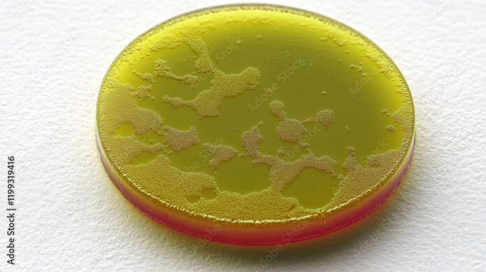 Poster close-up view of a circular resin piece with vibrant yellow-green fluid patterns and a red edge