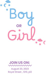 Fototapeta premium Poster for gender reveal party with baby stroller with text boy or girl. Vector illustration for card, , design, flyer, poster, banner
