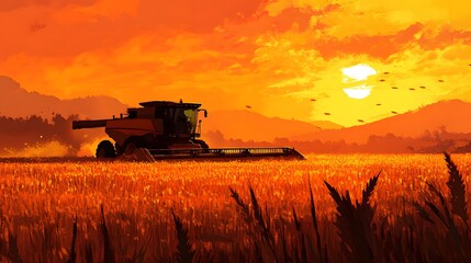 Fototapeta premium Combine Harvester Harvesting Wheat Field at Sunset