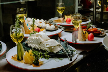White cheese buffet at hotel, all-inclusive vacation