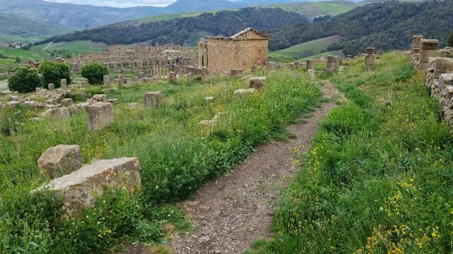 Revealing shot of the picturesque landscape of Djemila, Algeria, featuring ancient ruins and structures scattered across green grass, with forested hills in the background