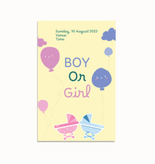 He or she. Boy or Girl. cartoon gender reveal invitation template.