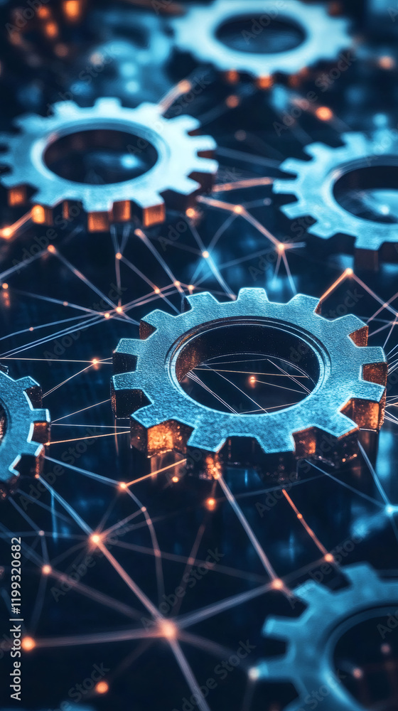 Poster Metallic gears interlocking, spinning seamlessly, symbolizing precision engineering and automated industrial productivity