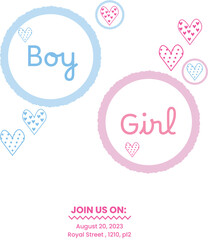 Poster for gender reveal party with baby stroller with text boy or girl. Vector illustration for card, , design, flyer, poster, banner