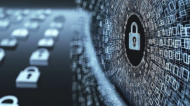 Detailed close-up of an eye radiating encrypted codes and lock symbols, symbolizing digital privacy and security