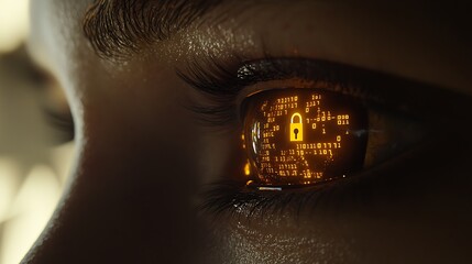 Futuristic concept of an eye glowing with encrypted code overlays and lock symbols, reflecting cyber protection themes
