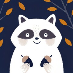 Fototapeta premium Cute raccoon holding acorns amidst autumn leaves.